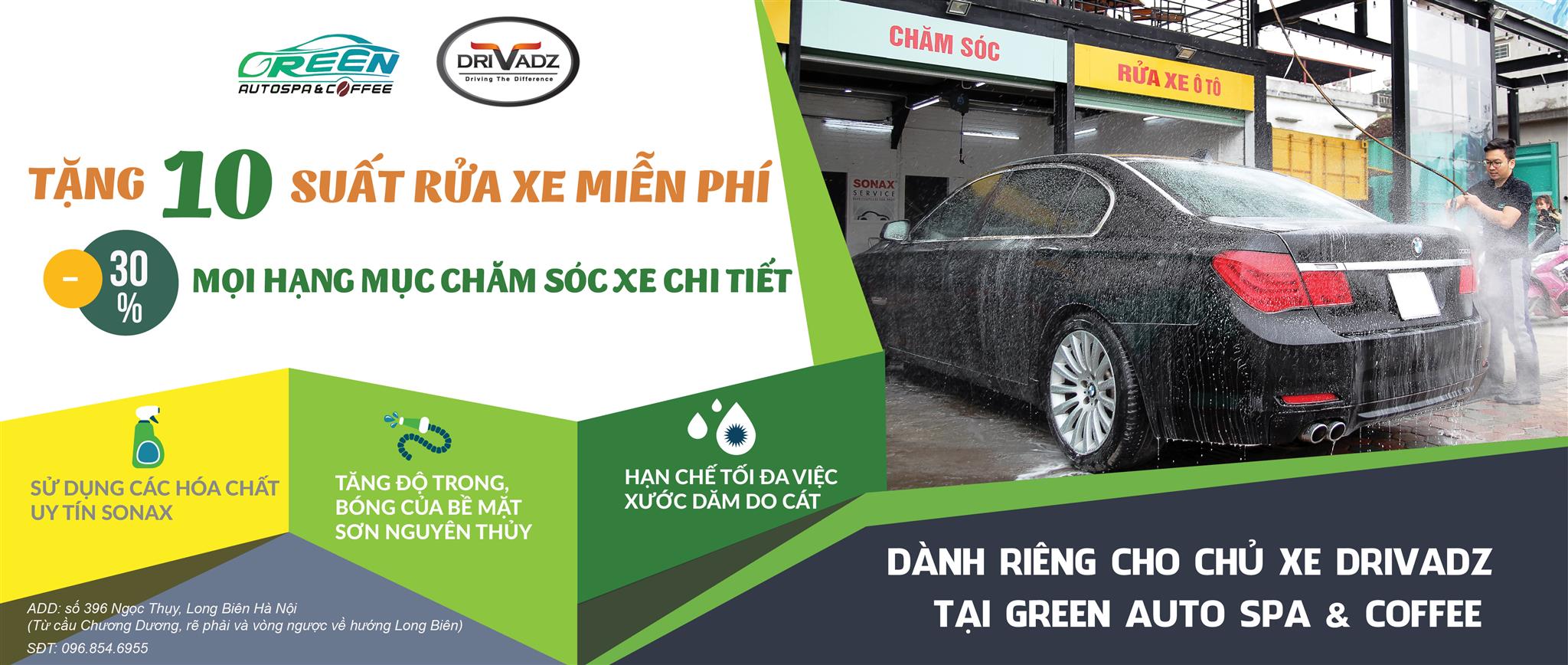 [GÓC QUÀ TẶNG] 10 PHẦN QUÀ RỬA CHĂM SÓC XE CÔNG NGHỆ CAO MIỄN PHÍ VÀ GIẢM TOÀN BỘ 30% CHI PHÍ CHĂM SÓC XE CHI TIẾT TẠI GREEN AUTO SPA